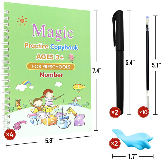 YAMMI Reusable Handwriting Book Practice - Magic Copybook for Kids 3-8, Calligraphy Writing Practice Book with Grooved Pages and Magical Pen Refills(4